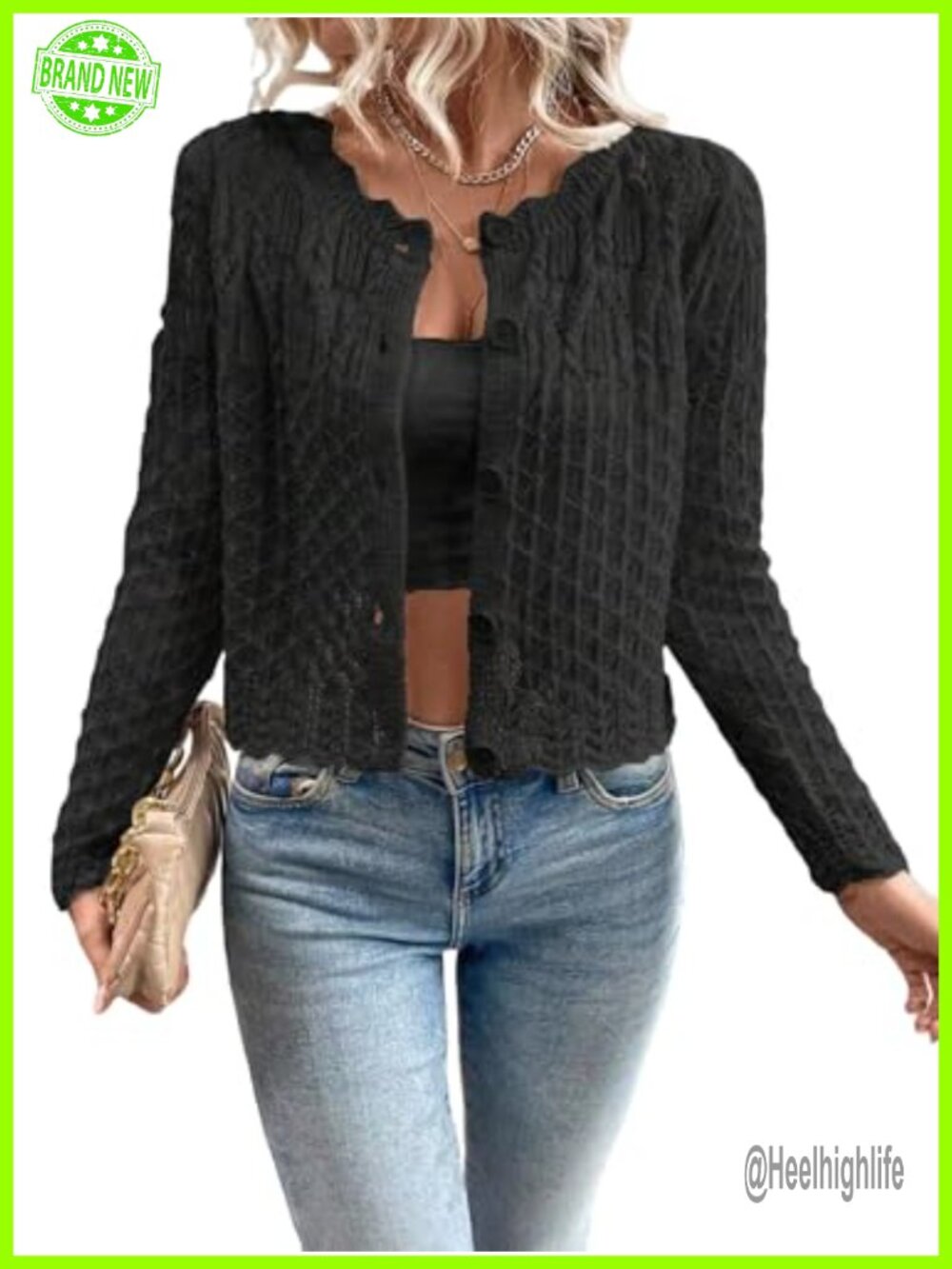 Knit Cardigan Sweater Cropped Crewneck Long Sleeve Button Front Fall Top - Picture 1 of 4
